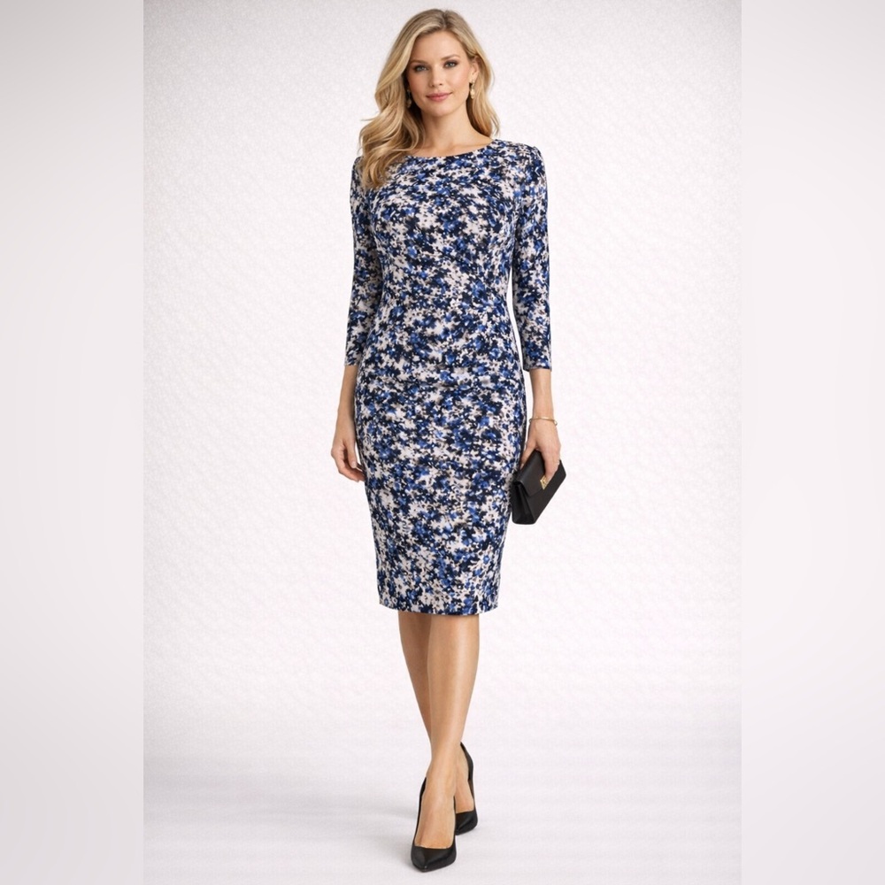 Jessica Howard Dress 14 Blue Floral Stretch Career Church Washable Long Sleeve